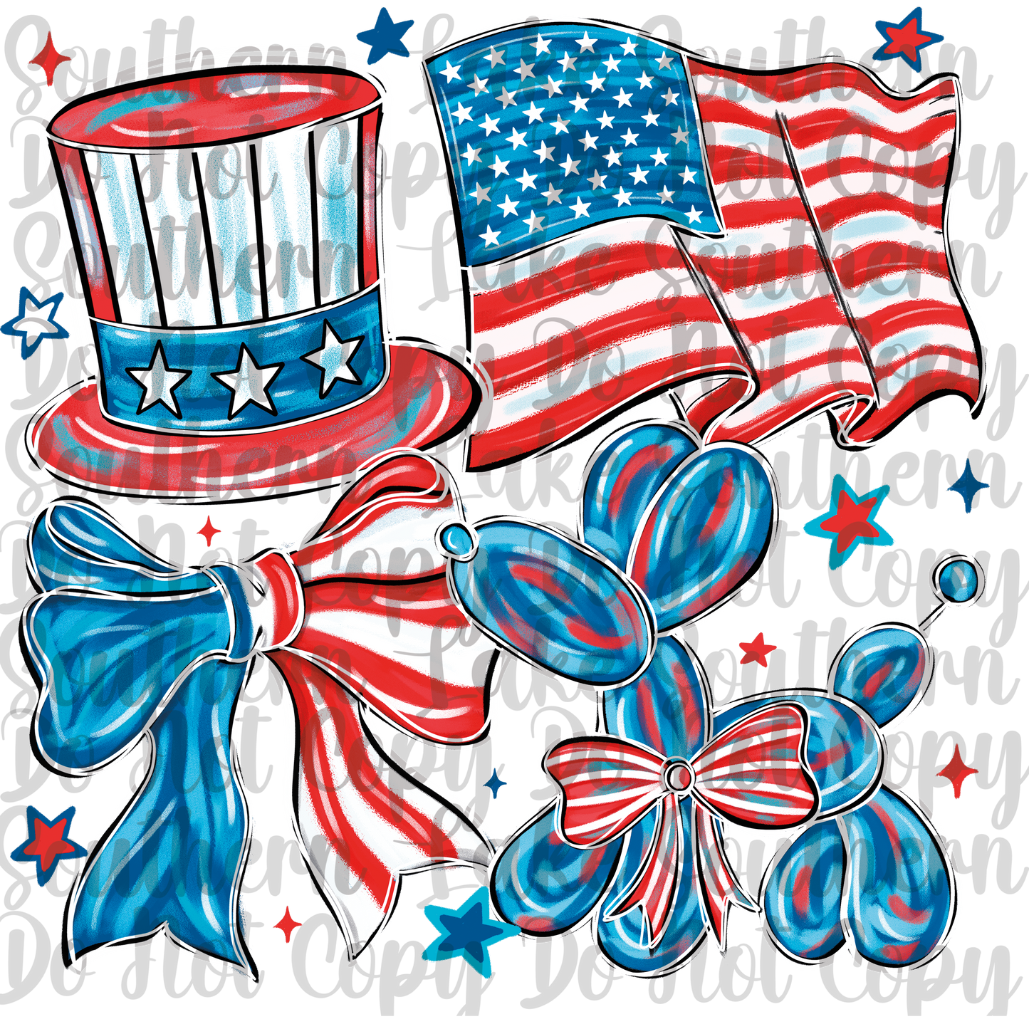 American Flag, Hat, Balloon Dog&Bow DTF Single Print