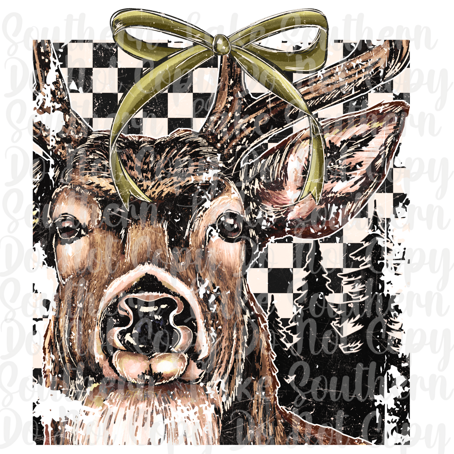 Buck With Bow Checkered Background DTF Single Print