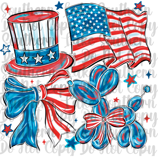 American Flag, Hat, Balloon Dog&Bow DTF Single Print