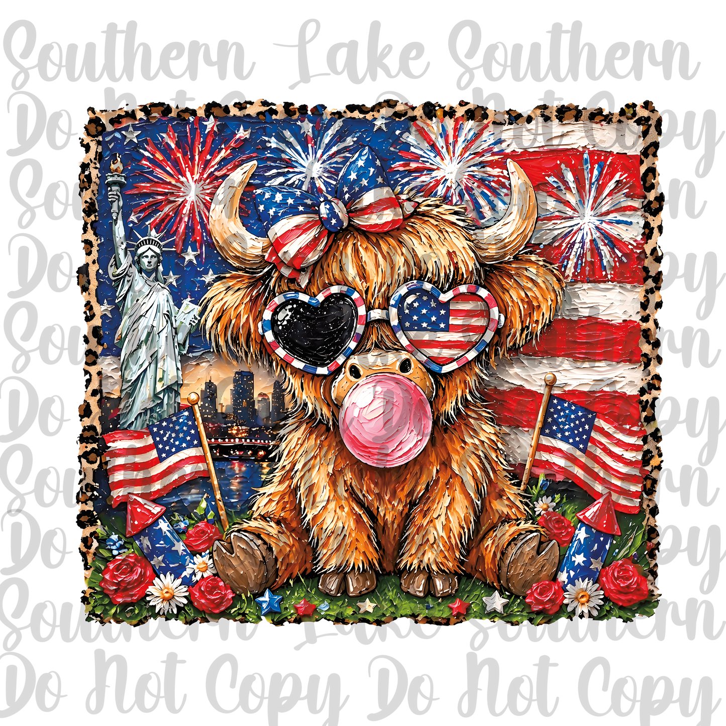 Highland Cow Painted 4th Of July Inspired DTF Single Print