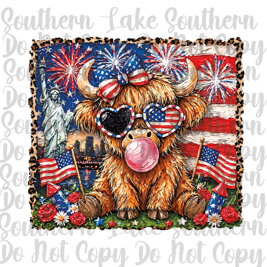 Highland Cow Painted 4th Of July Inspired DTF Single Print