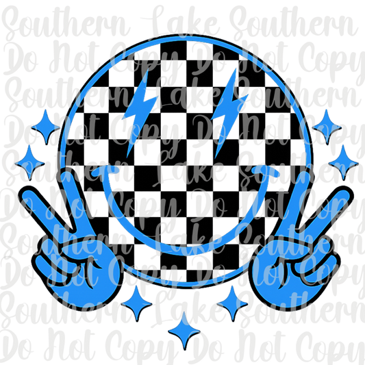 Blue Peace Sign Checkered Smiley DTF Single Print